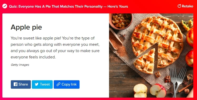 An example of a result of a quiz by BuzzFeed
