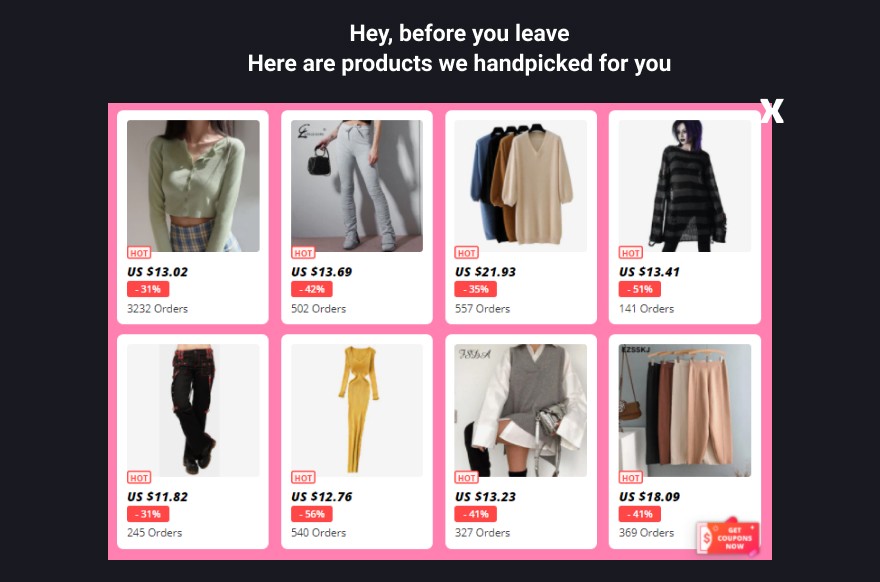 Exit-intent popup product recommendations