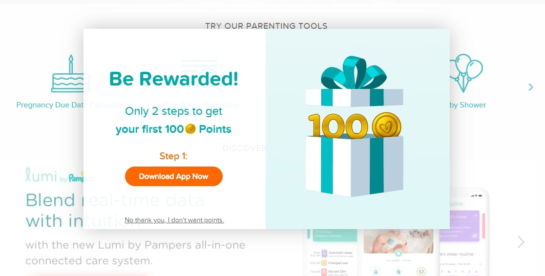 Pampers pop-up to download & use the app CTA