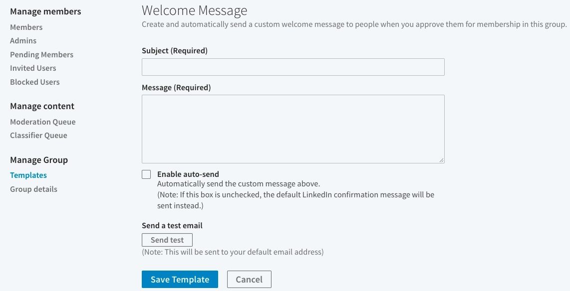 Screenshot of Linkedin page of creating message to new members