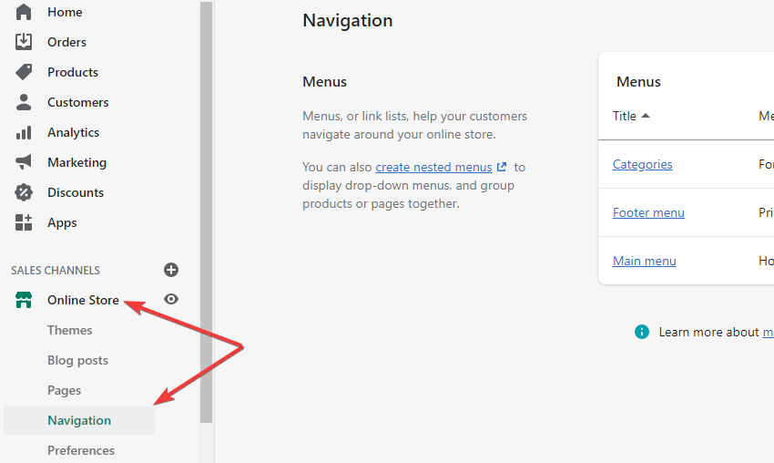 Shopify menu navigation