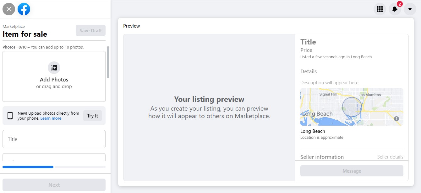 Facebook product listing