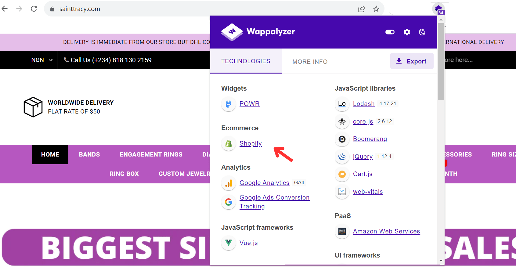 Wappalyzer to find Shopify stores