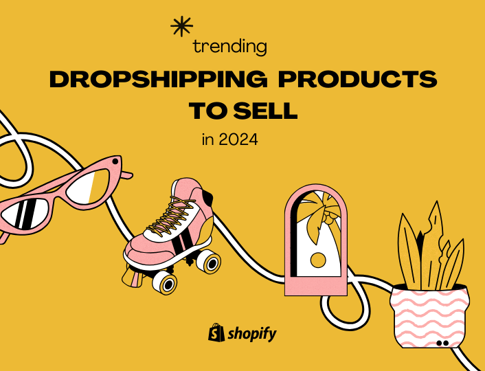 Illustrating eyeglasses, shoes, a pot of plants, and other trending dropshipping products to sell in 2024