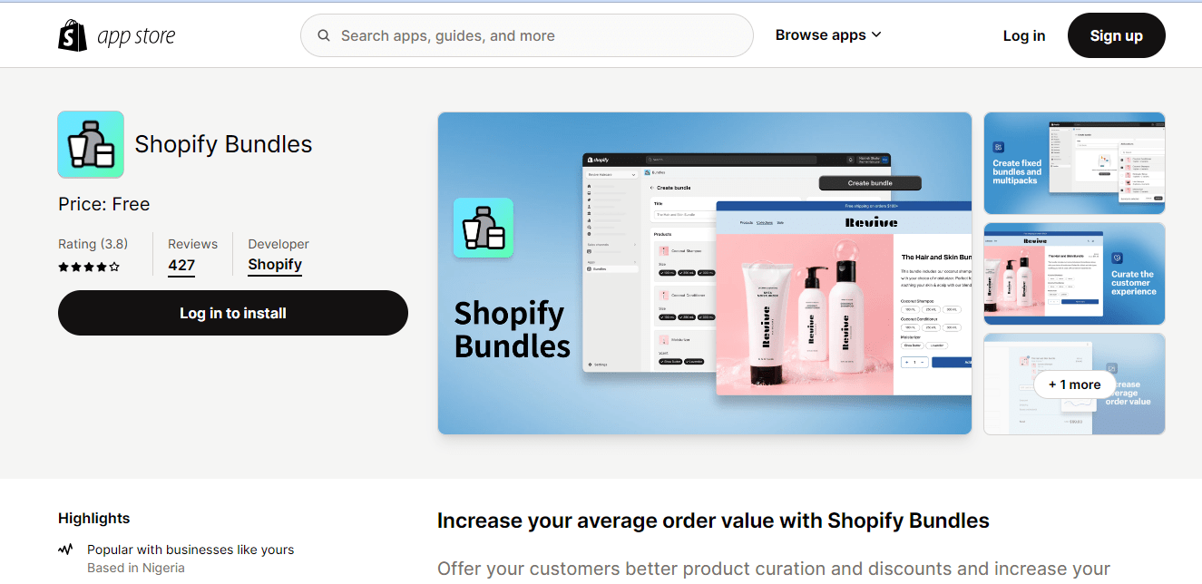 the interface for the Shopify Bundles app, for bundling together products.