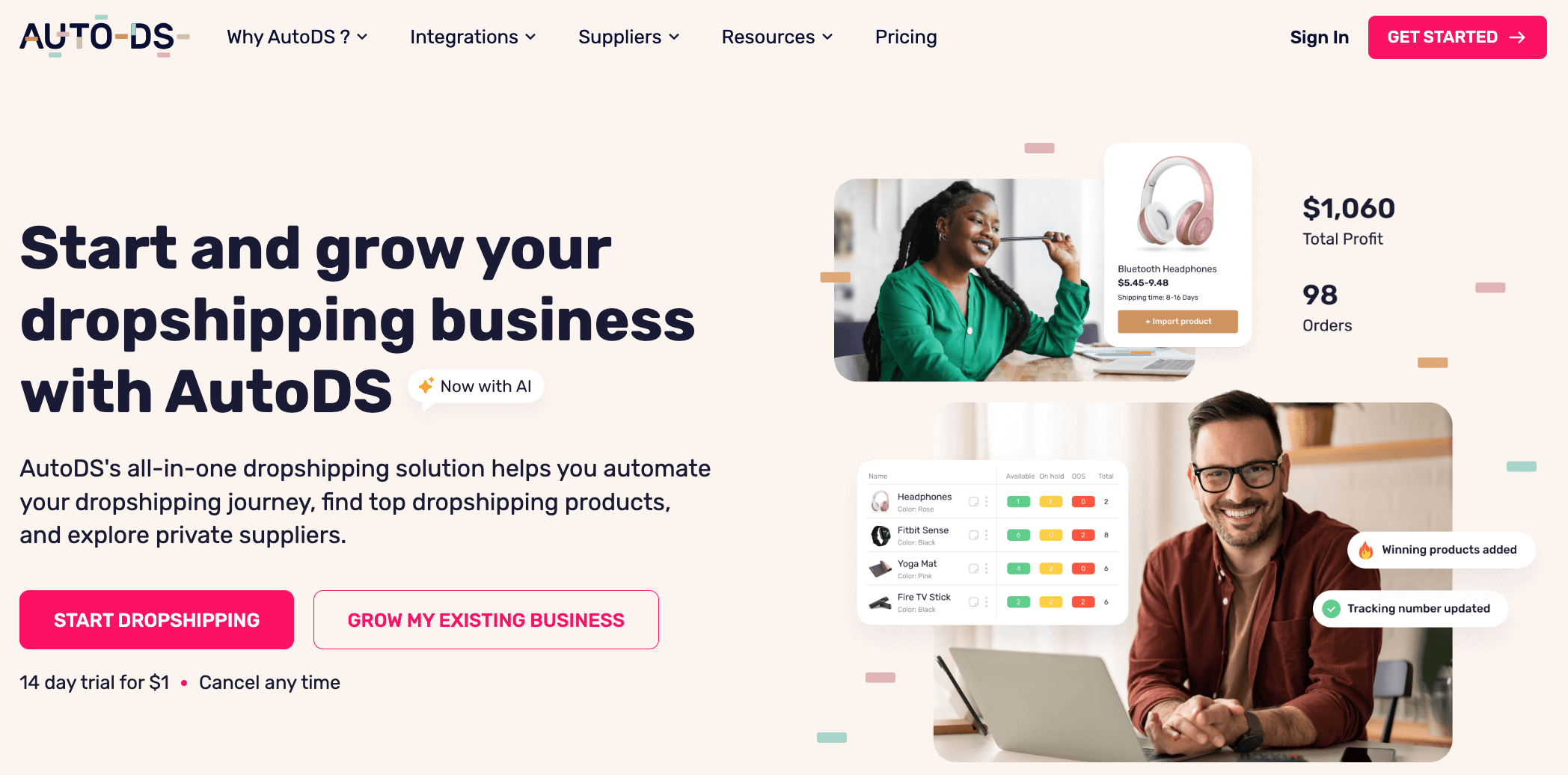 Homepage showing how to grow your business with AutoDS