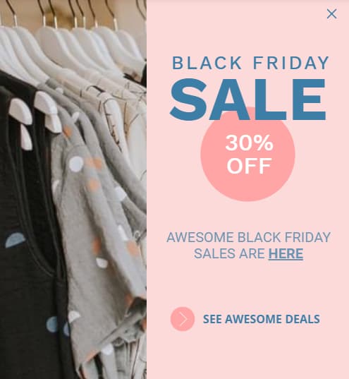 Pink Black Friday sale popup with a clothes rail photo and 30% off