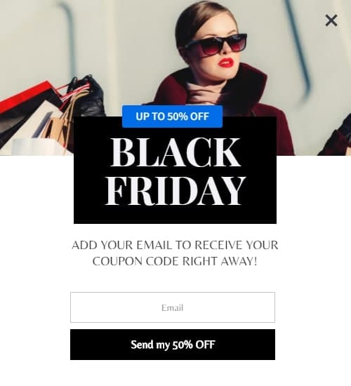 Black Friday popup with a photo header offering a gift coupon in exchange for an email address