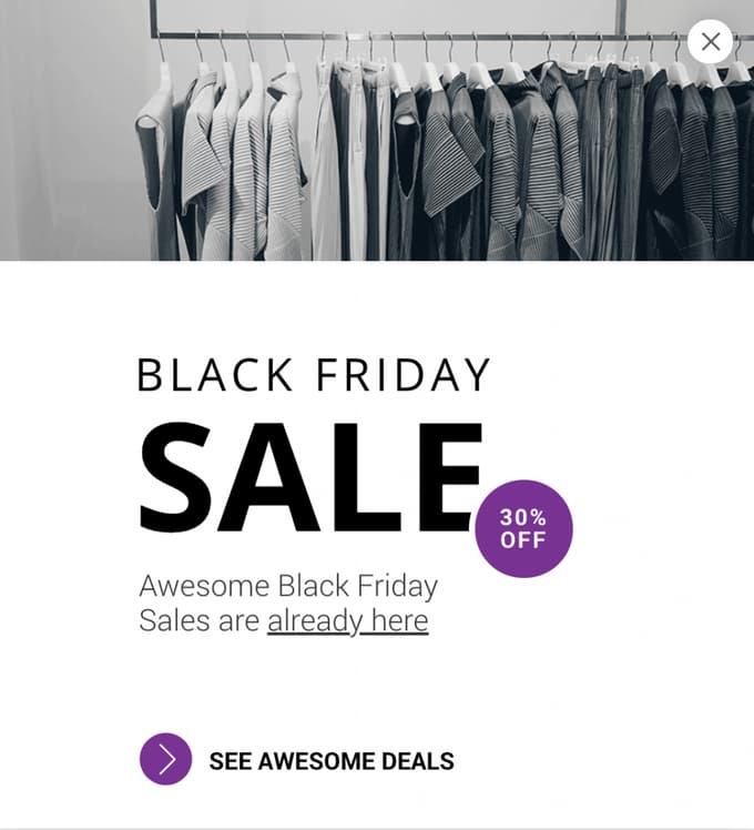 White Black Friday sale popup with a clothing rack photo and a see awesome deals link