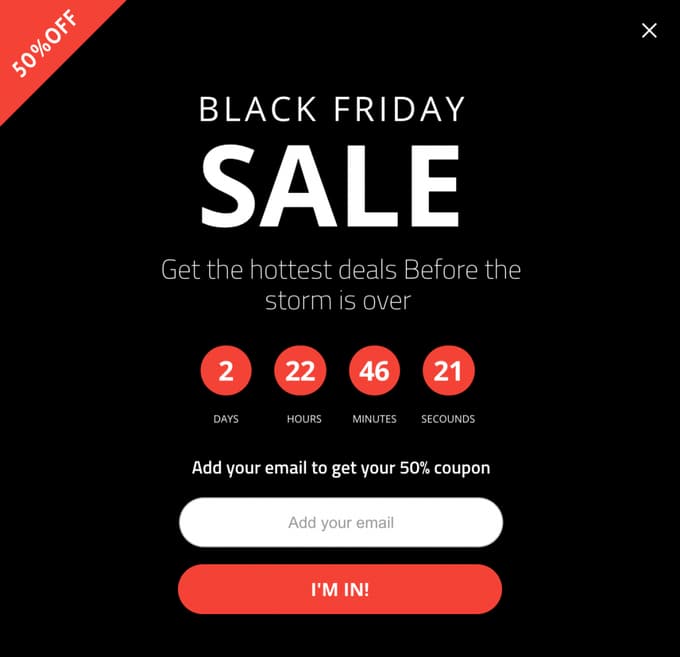 Black Friday sale popup with a countdown timer and an email field for a coupon