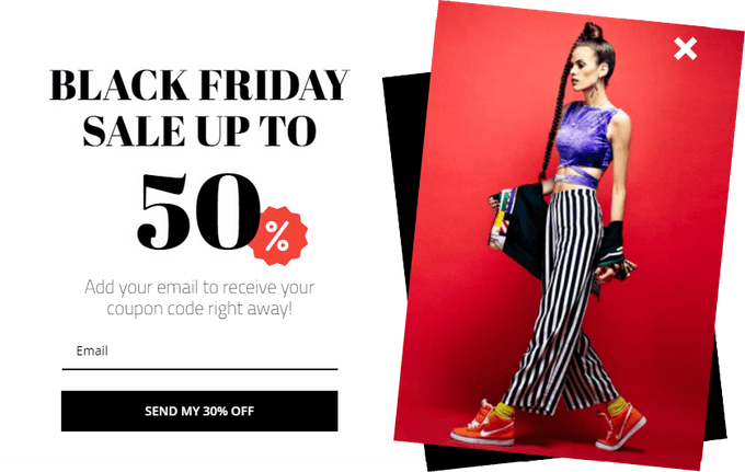 Black Friday popup saying sale up to 50%, with an email field and a fashion photo