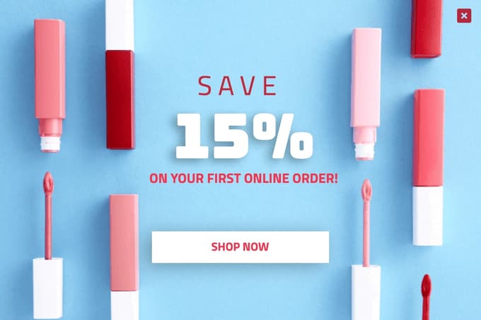 Blue popup with lipstick photos offering 15% off the first online order