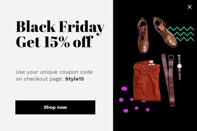 Black Friday popup showing get 15% off with a unique coupon code and a product photo