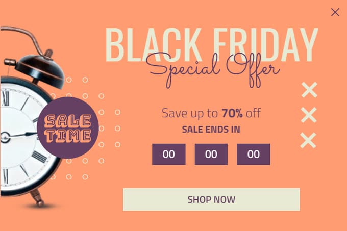 Orange Black Friday special offer popup with an alarm clock, save up to 70% and a sale ends in timer
