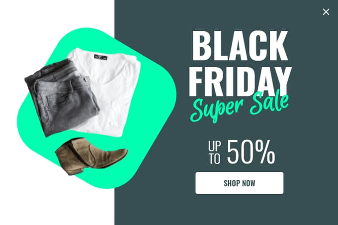 Dark Black Friday super sale popup with a green shape and up to 50% off