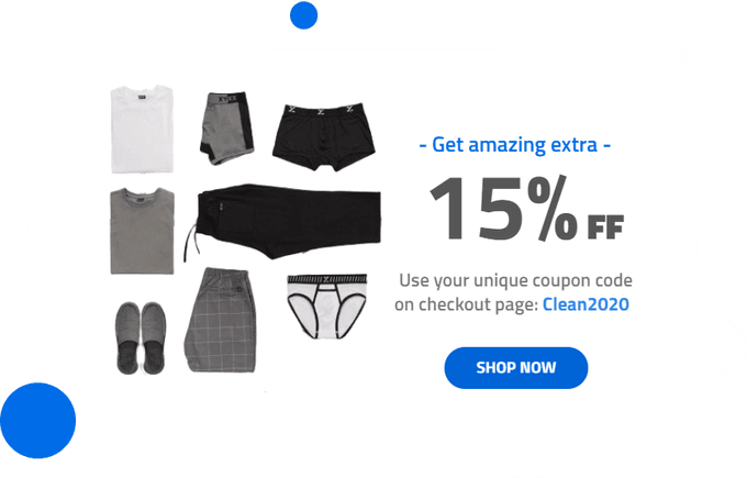 Popup with a clothing flat lay offering an extra 15% with a coupon code