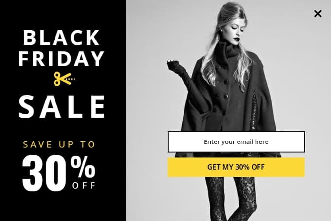 Black and white Black Friday popup with a fashion photo, 30% off and an email field