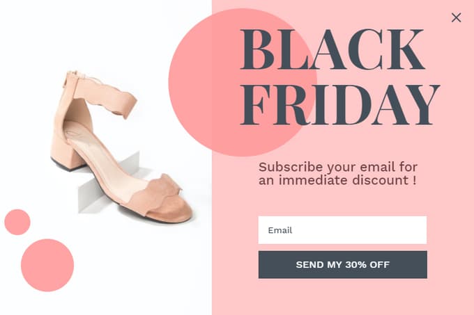 Pink Black Friday popup with a sandal photo asking visitors to subscribe for an immediate discount