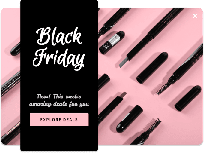 Pink Black Friday popup with makeup brushes and an explore deals button