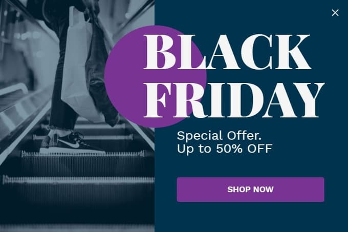 Dark Black Friday popup with a staircase photo, special offer up to 50% off and a shop now button