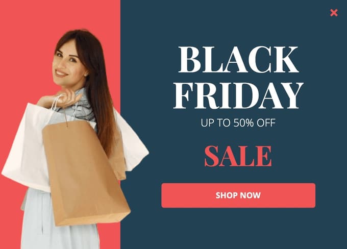 Red Black Friday popup with a woman holding shopping bags, up to 50% off and a shop now button