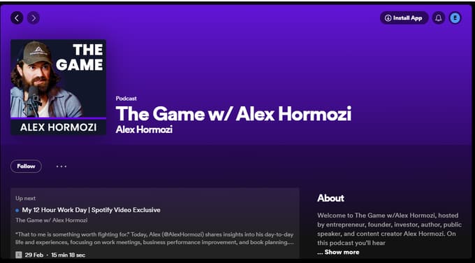 The Game w Alex Hormozi Podcast on Spotify Google Chrome 2024
